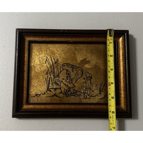 Mushrooms Gold Tin Foil Sketch Art Country Farm Wood Framed Vintage Retro Decor - Picture 8 of 11